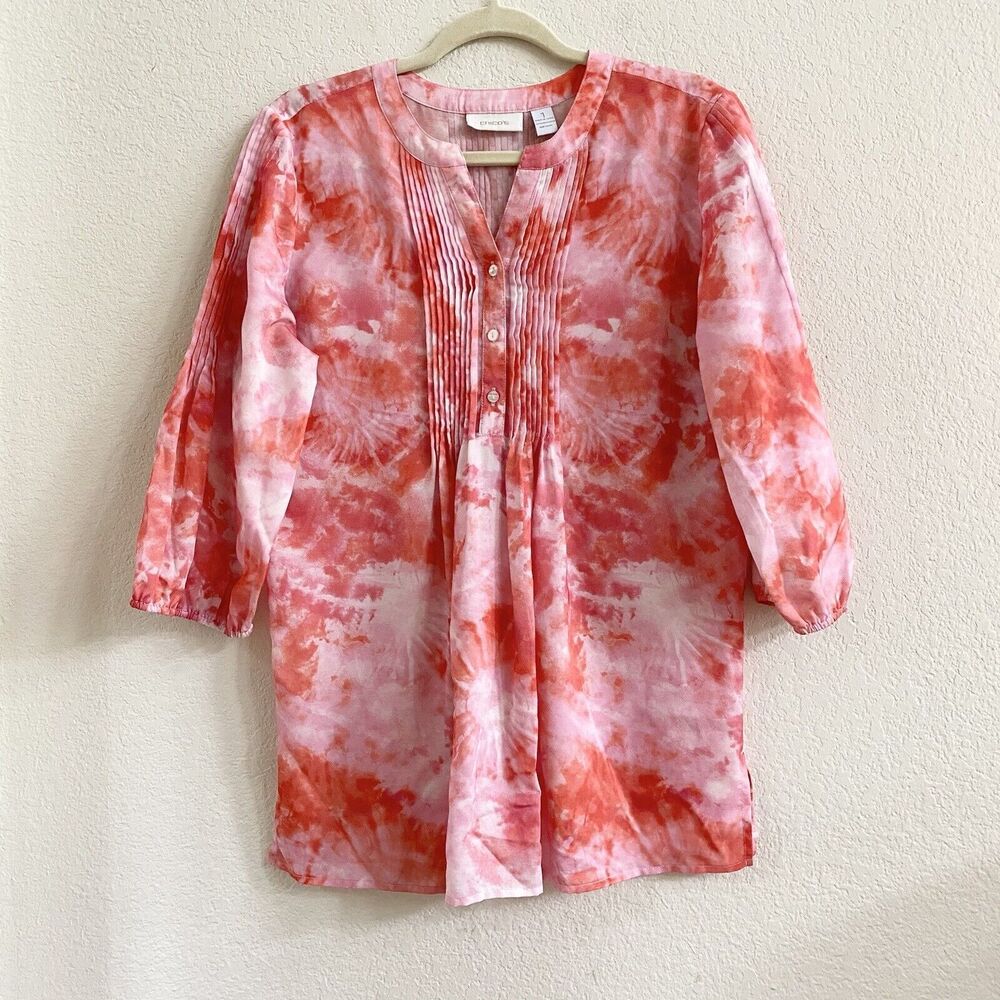 Chicos Color Fun Pink Orange‎ Batik Tunic Blouse Chicos Size 1 US Size Small